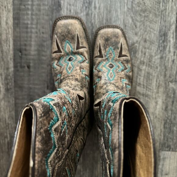 Corral Boots Vintage Aztec Bronze Turquoise Western Cowboy Boots E1052 Girls 3.5 - Picture 6 of 9